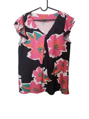 Flutter-Sleeve V-Neck Floral Blouse - Black & Pink